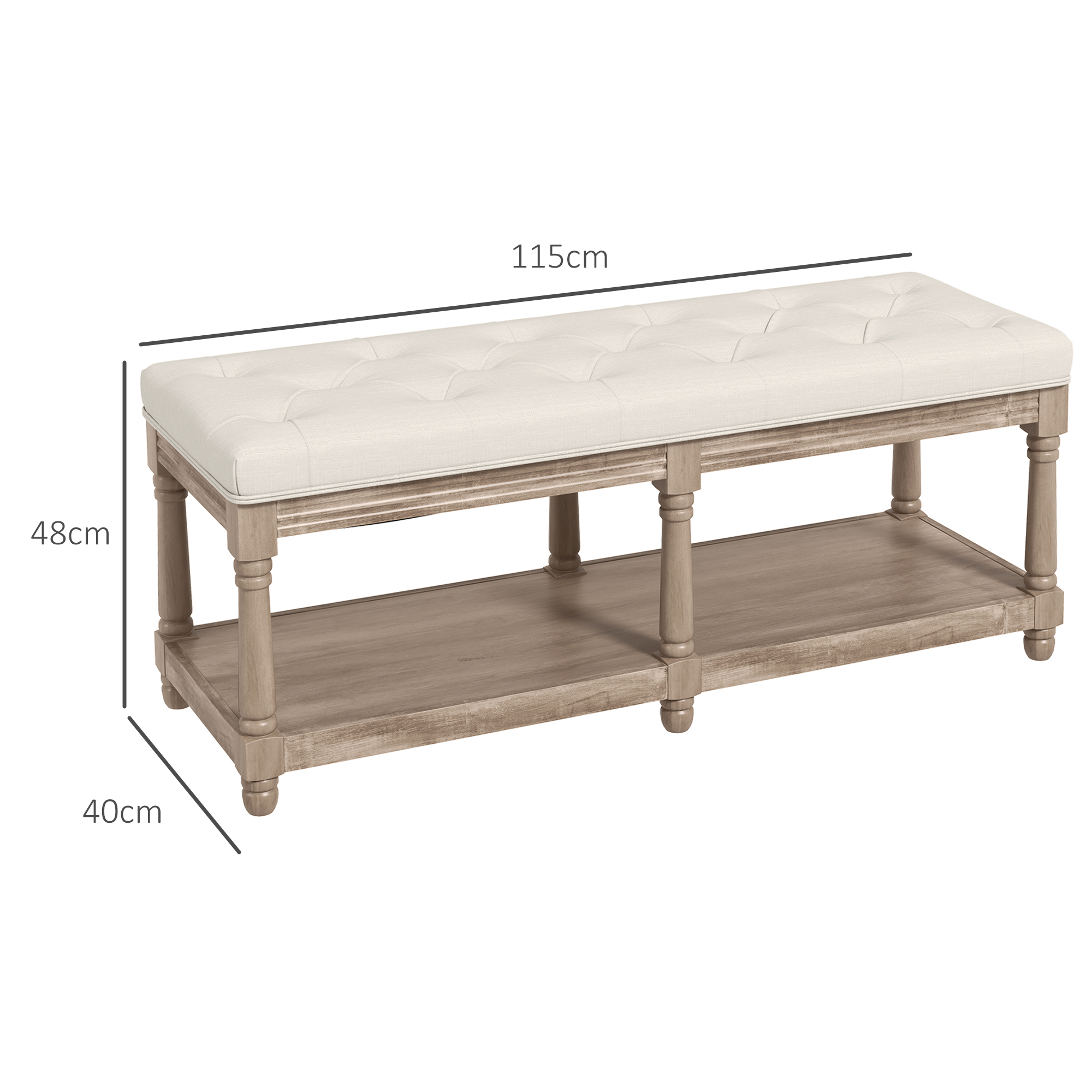 Eine Holzbank mit getuftetem Kissen und unterem Regal, mit Maßangaben in Zentimetern.
