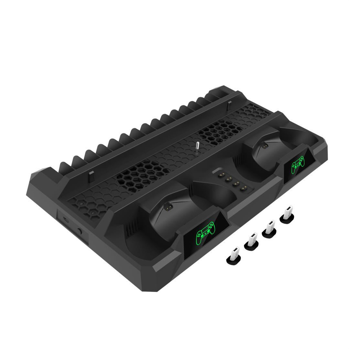 Schwarze Ladestation für Gamecontroller. Es hat Steckplätze für Controller und USB-Anschlüsse. Weißer Hintergrund.