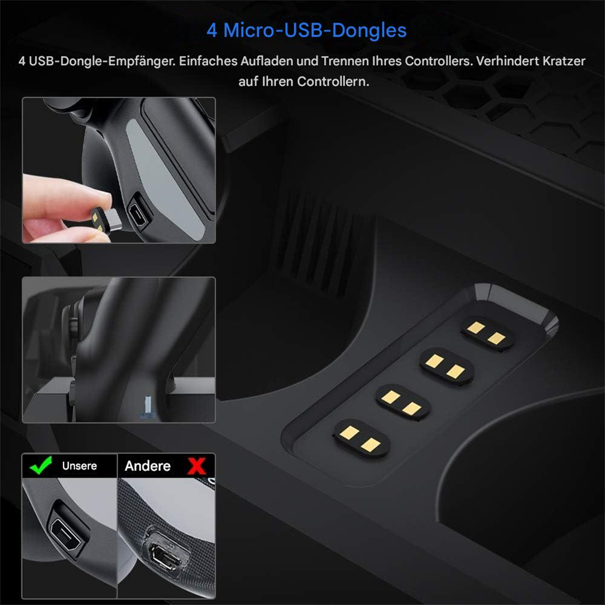 Eine schwarze Dockingstation mit vier USB-Dongles. Nahaufnahme der USB-Steckplätze.
