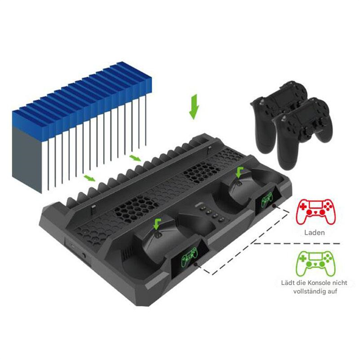 Eine schwarze Ladestation für Gamecontroller. Zwei Controller laden rechts.