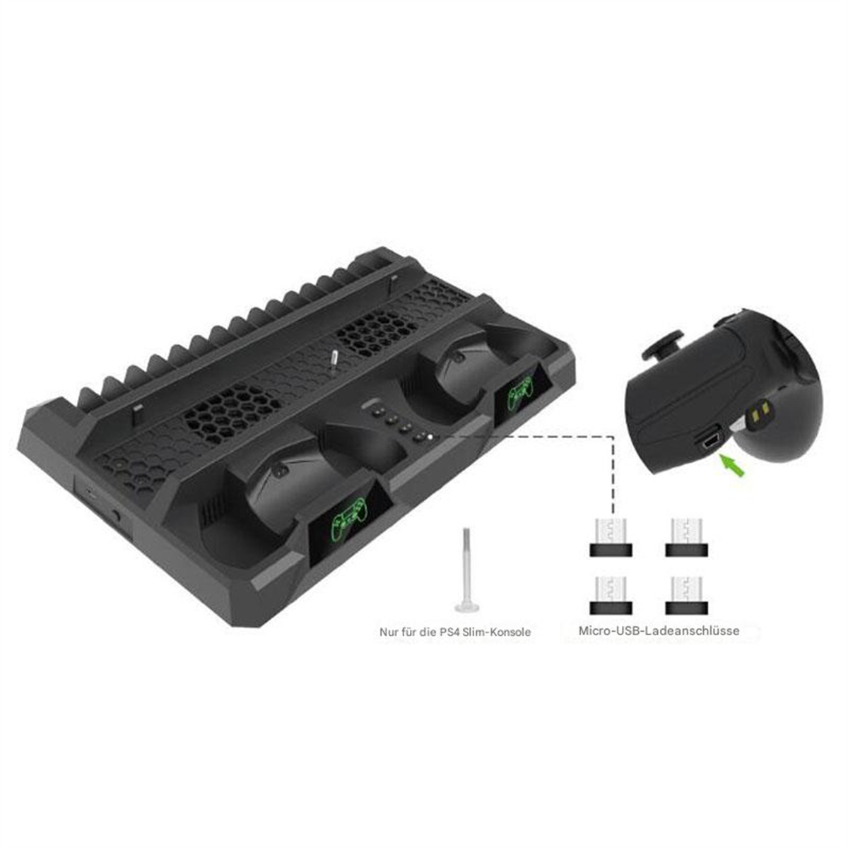 Schwarze PS4-Ladestation mit zwei Controller-Steckplätzen und Micro-USB-Ladeanschlüssen.