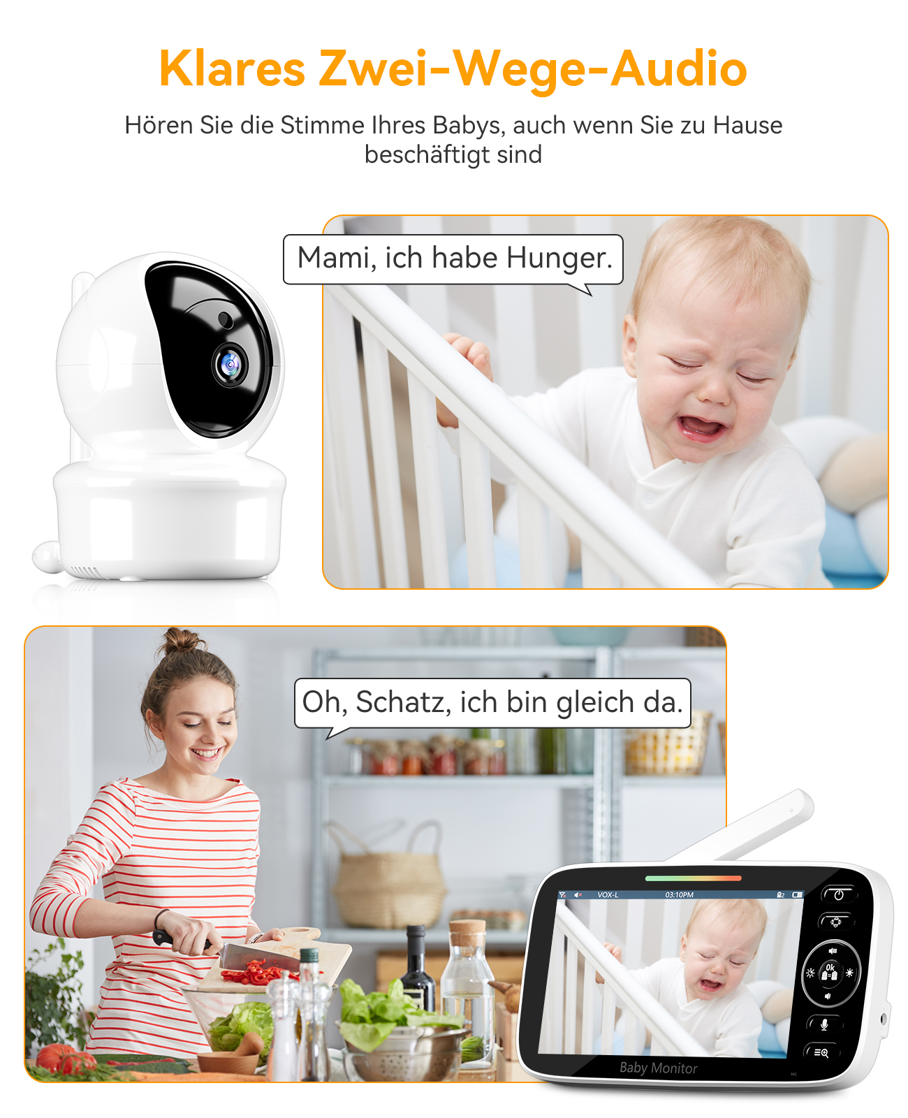 Baby weint in der Krippe, Mutter auf dem Monitor. Kamera- und Monitor-Set. Frau in der Küche.
