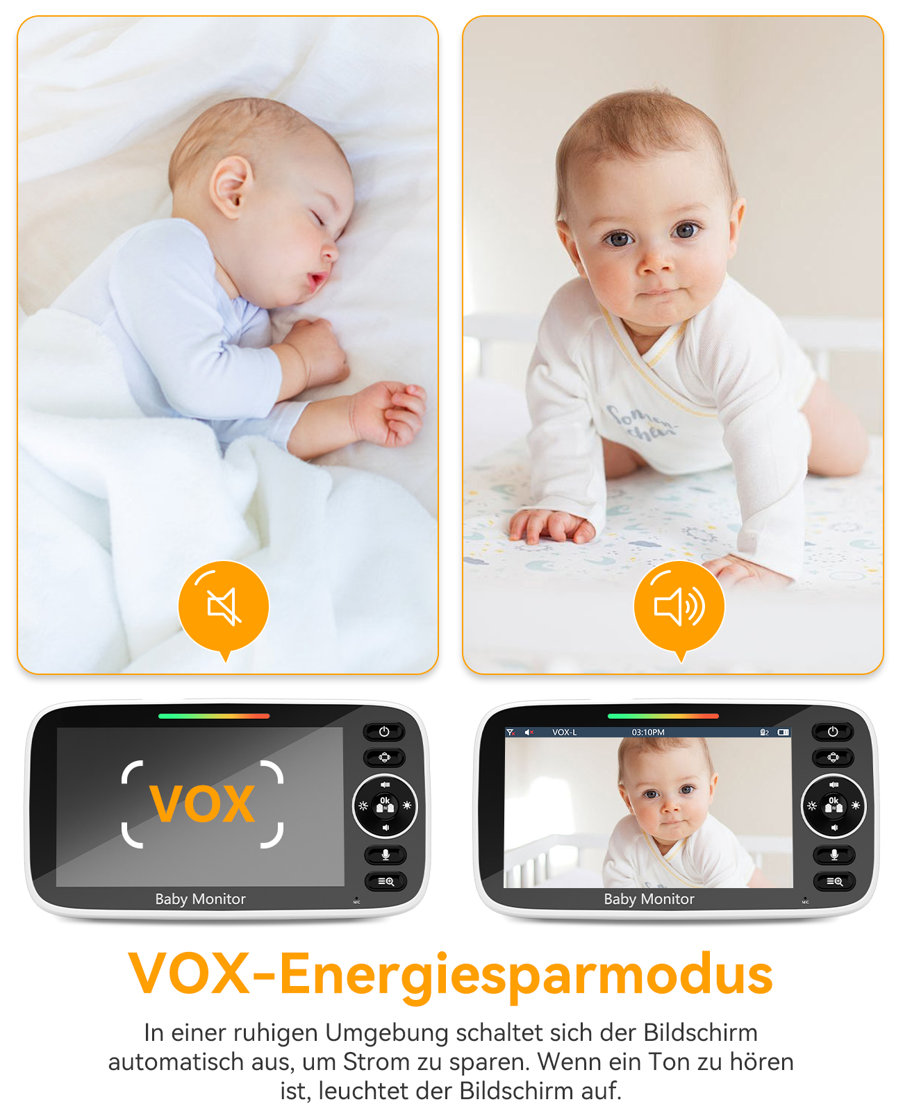 Baby schläft und wacht auf, Babyphone zeigt Baby an. Zwei Monitore zeigen Baby, VOX-Modus.