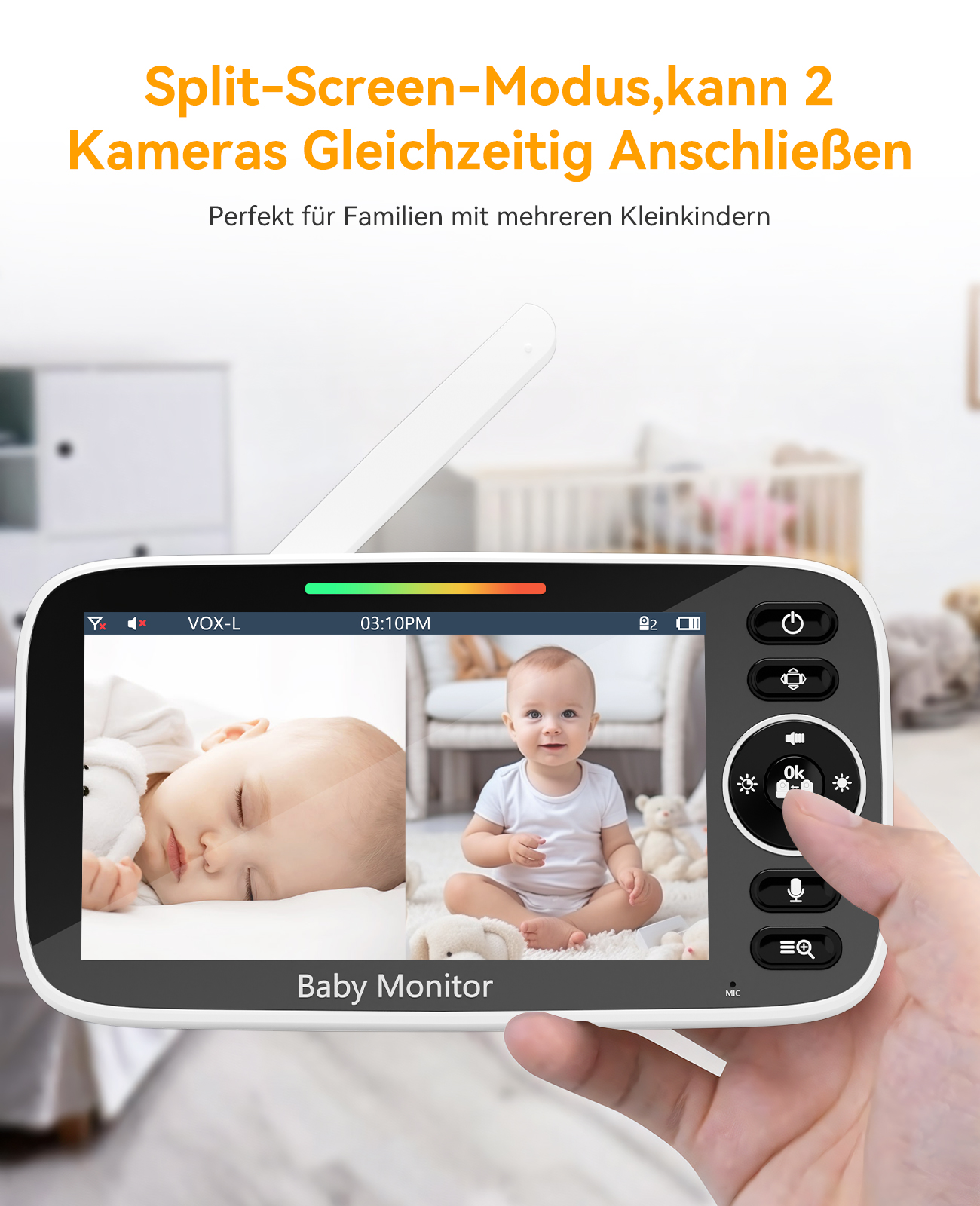 Ein Babyphone, das zwei Babys zeigt, mit einer Hand, die das Gerät bedient.