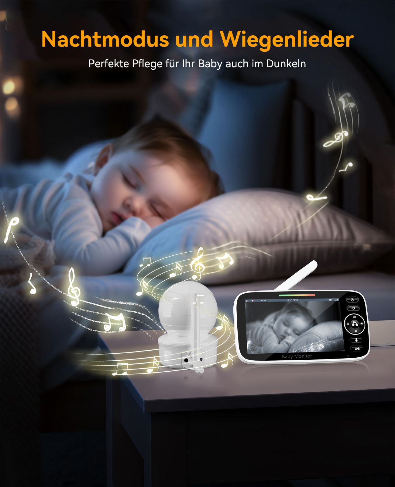 Ein Babyphone, das ein schlafendes Kind mit Noten zeigt. Enthält Kamera und Bildschirm. Text auf Deutsch.