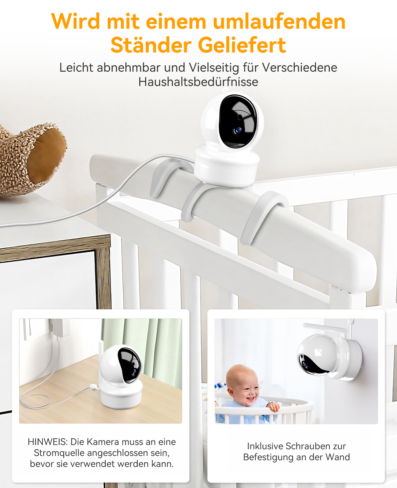 Ein weißer Babyphone mit zwei inset Bildern, die die Kamera und das Baby zeigen.