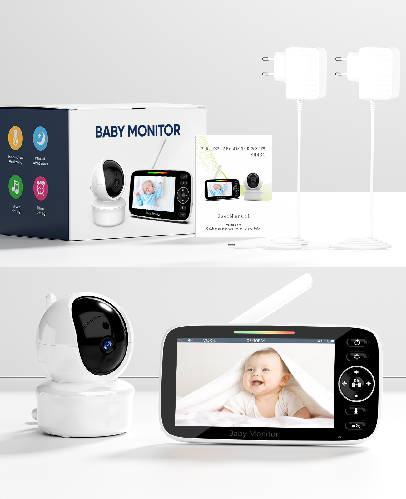 Babyphone-Set mit weißen und schwarzen Teilen. Der Monitor zeigt ein Baby.