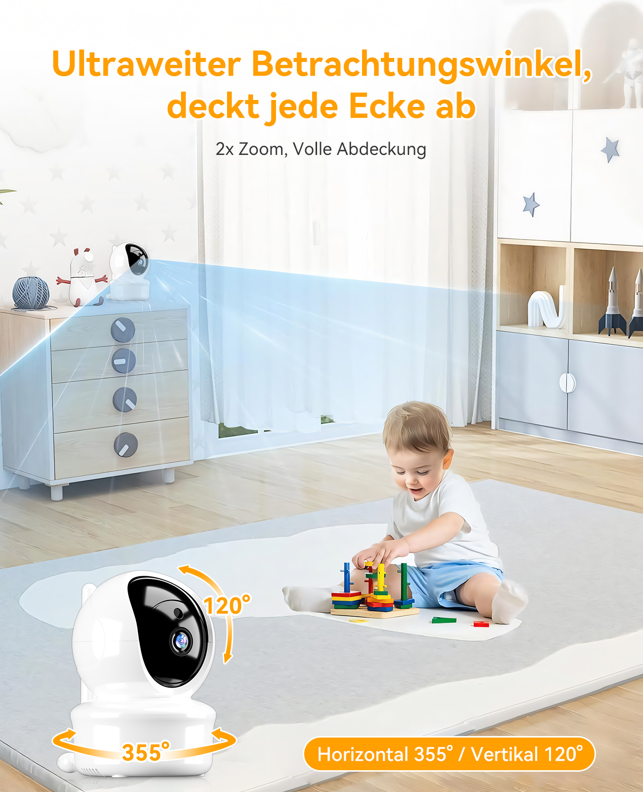 Ein Babyphone, das ein Baby auf einer Matte zeigt, mit einem weiten Betrachtungswinkel.