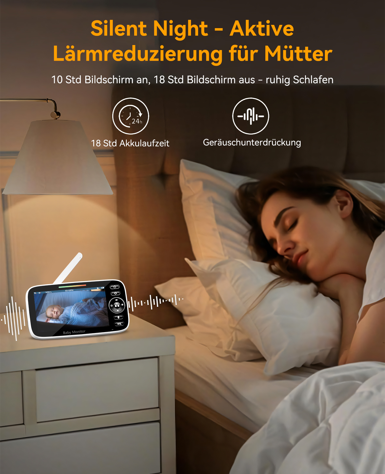 Frau schläft im Bett, ein Babyphone steht auf dem Nachttisch, mit Text über die Funktionen des Monitors.