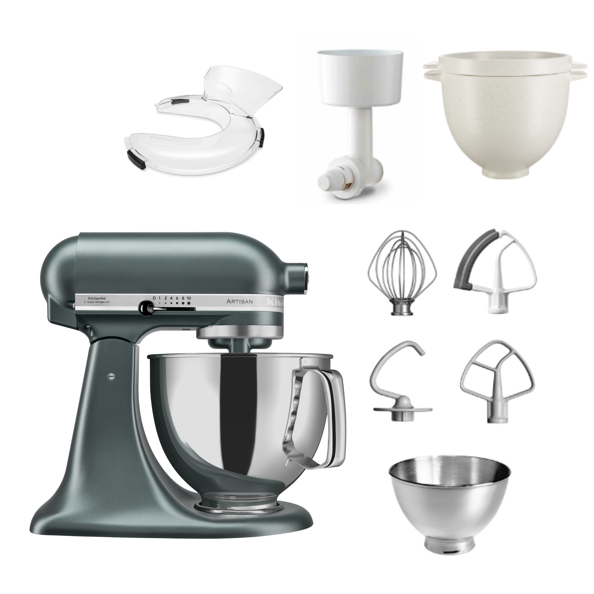 Ein helltürkisfarbener KitchenAid-Mixer mit mehreren Aufsätzen und einer Edelstahlschüssel.
