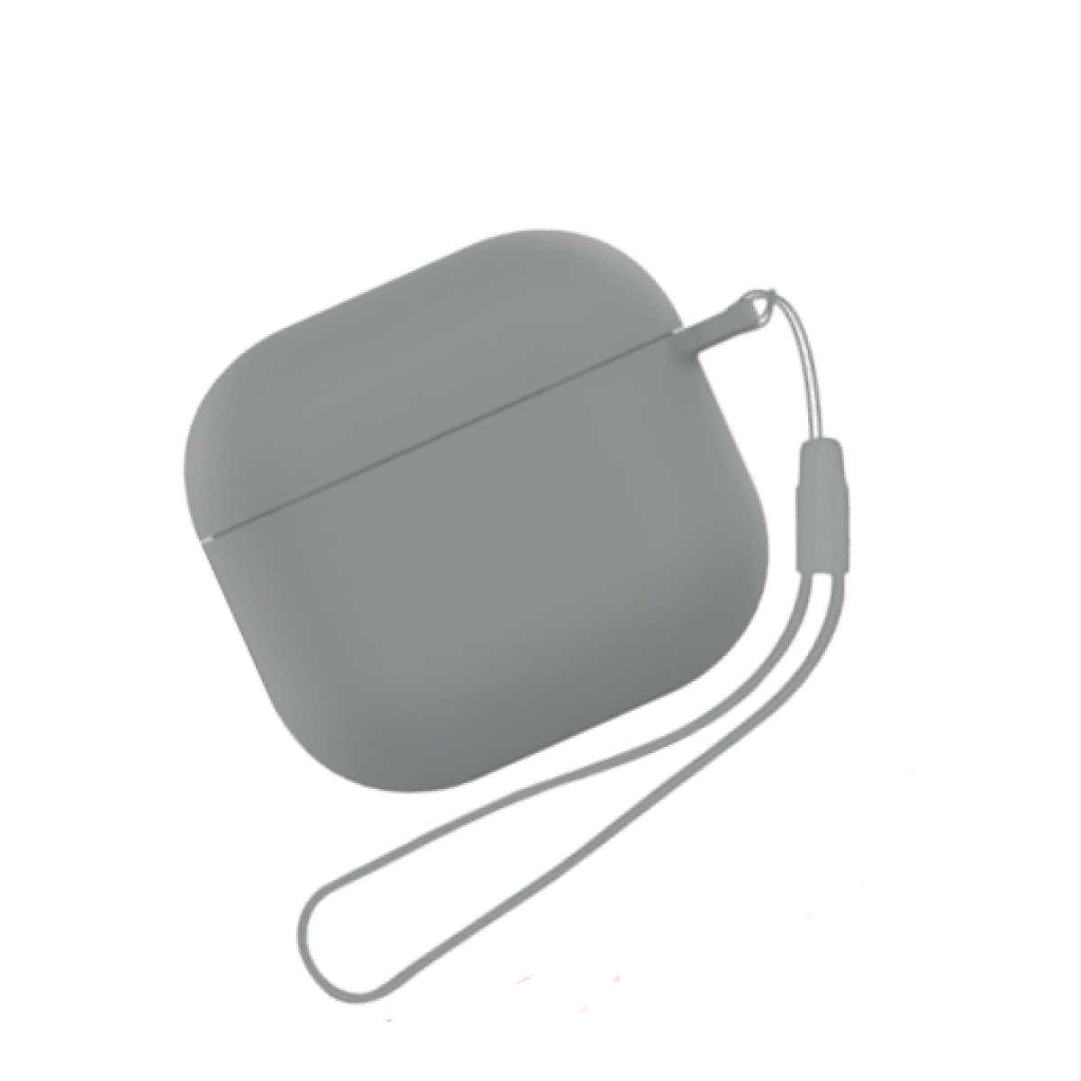 Una custodia grigia per auricolari con cinturino, mostrata su sfondo bianco, che mostra la sua forma.