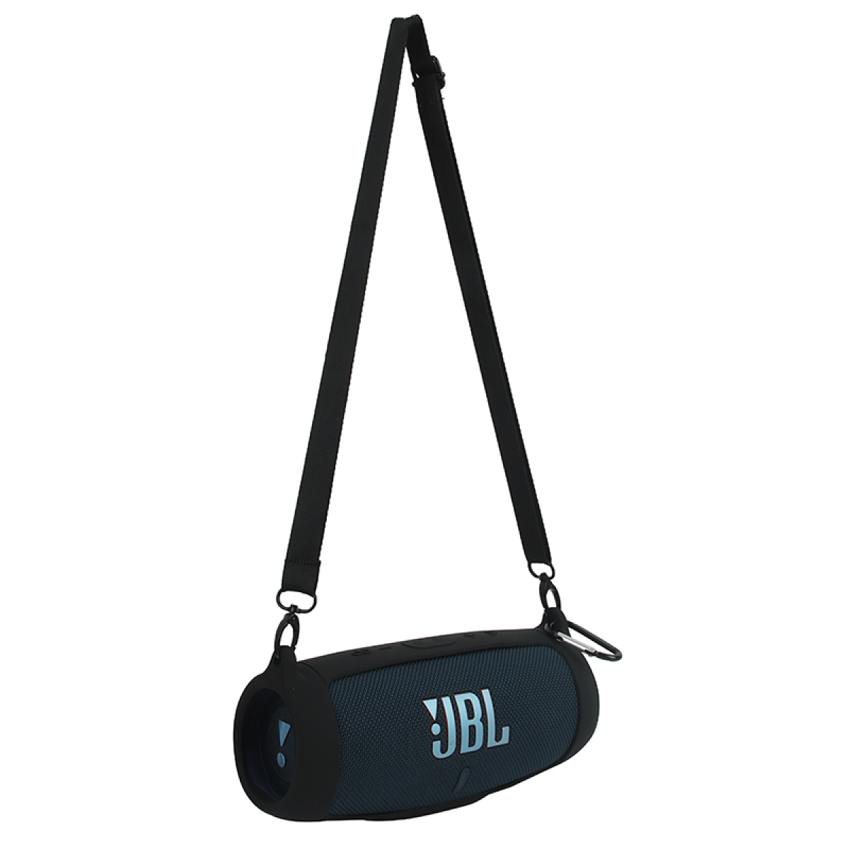 Altoparlante Bluetooth JBL con cinturino. È nero e ha il logo JBL in bianco.
