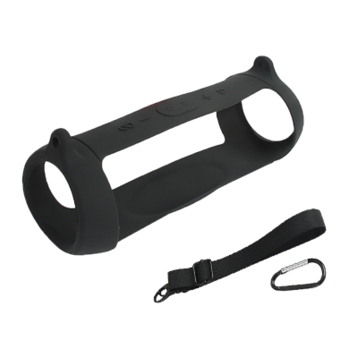 Una custodia per altoparlanti in silicone nero con cinturino e moschettone.