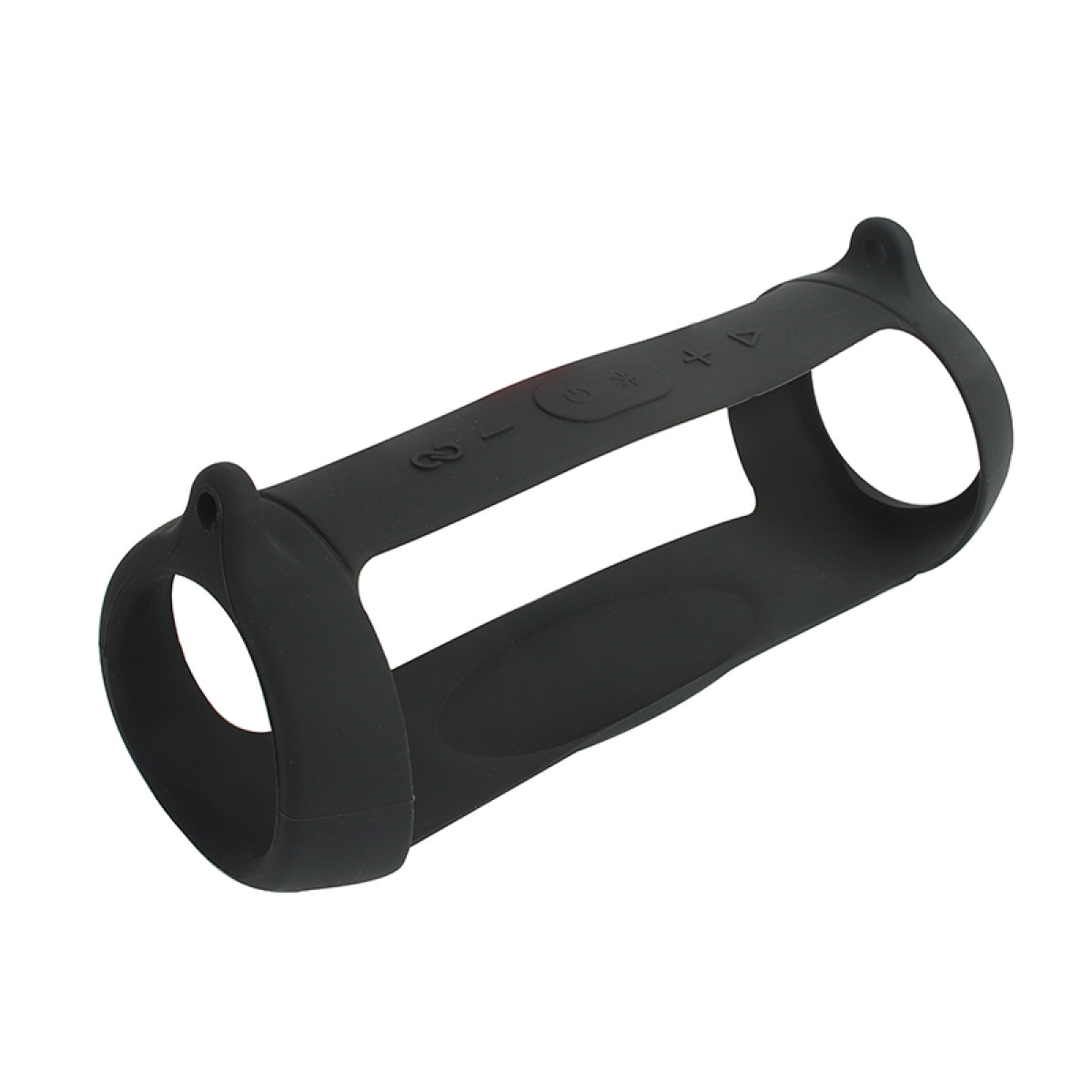 Copertura per altoparlante in silicone nero con ritagli per pulsanti, su sfondo bianco.