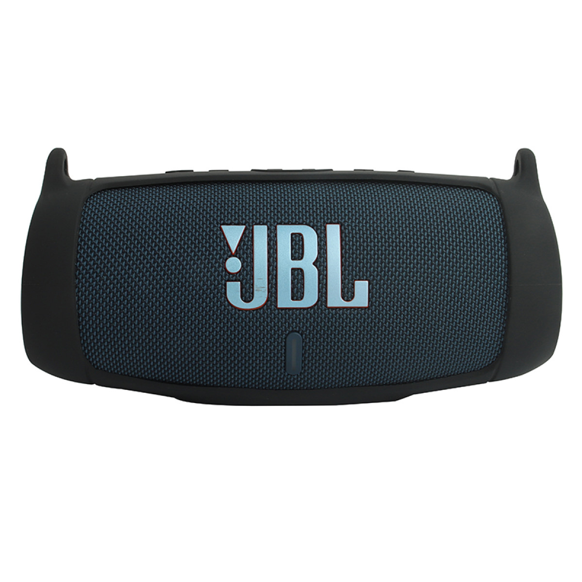 Altoparlante JBL nero con griglia a rete blu, logo JBL in bianco. Una singola porta di ricarica.