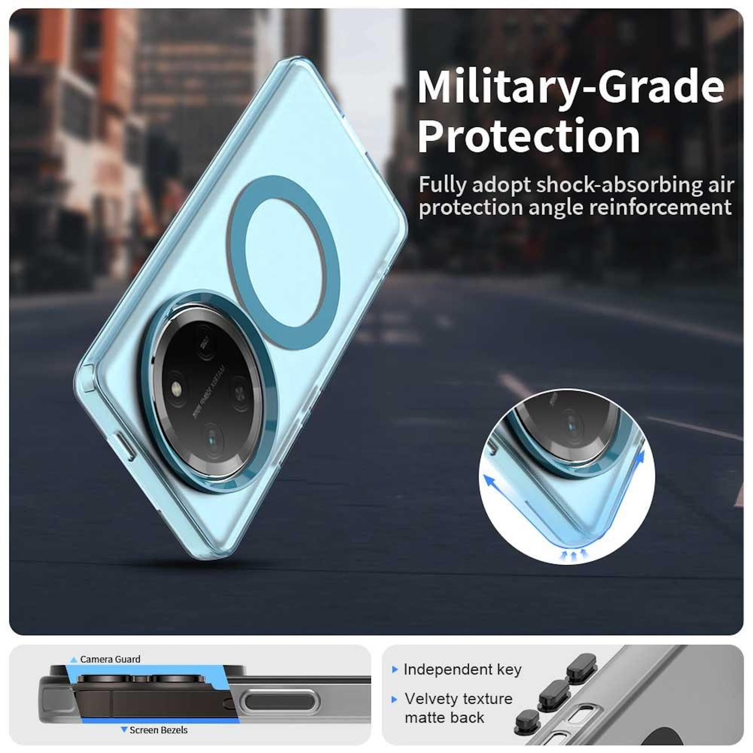Funda transparente para teléfono con protección de cámara. Texto describe protección militar y absorción de impactos.