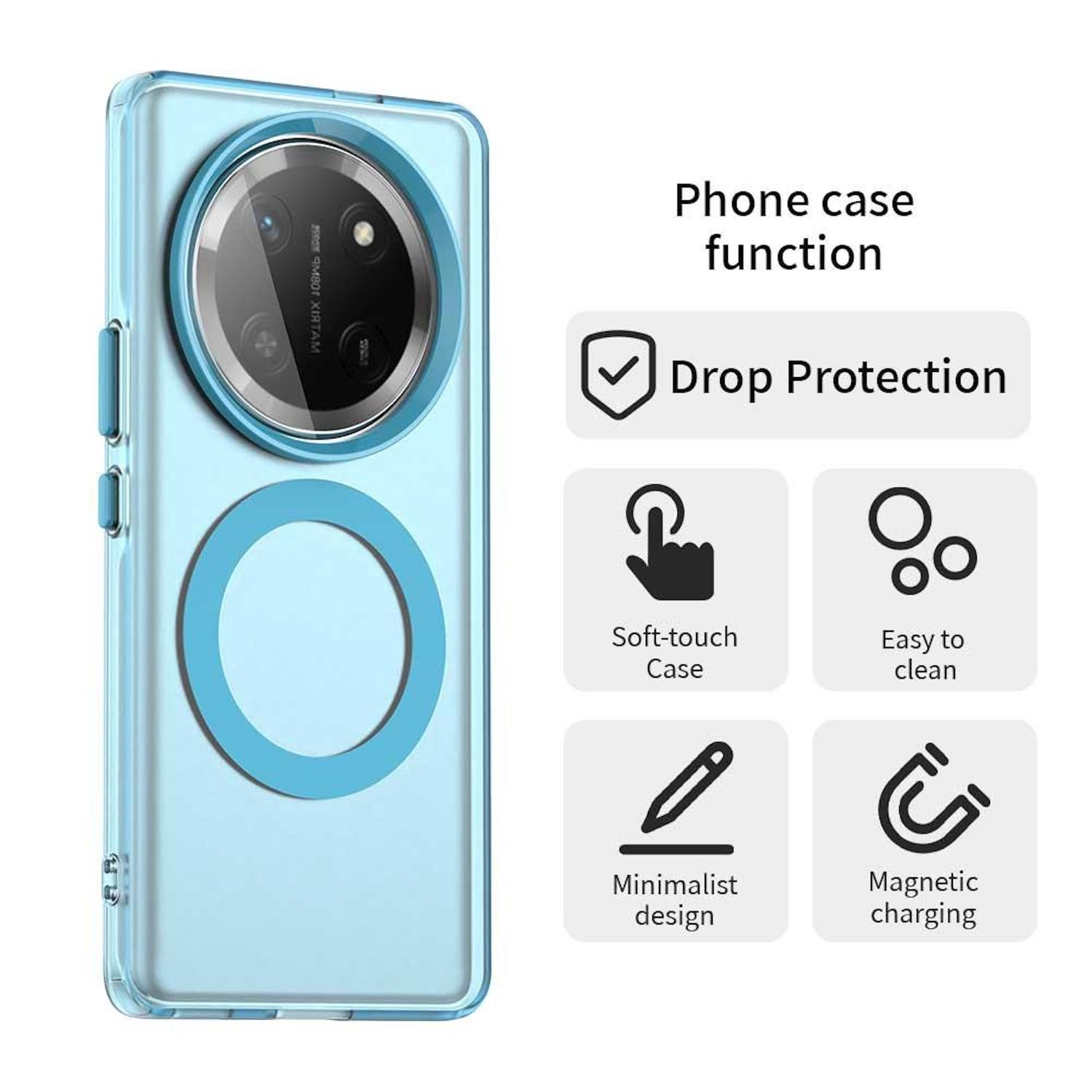 Funda de teléfono azul claro con teléfono dentro. La funda tiene protección contra caídas, es fácil de limpiar y magnética.