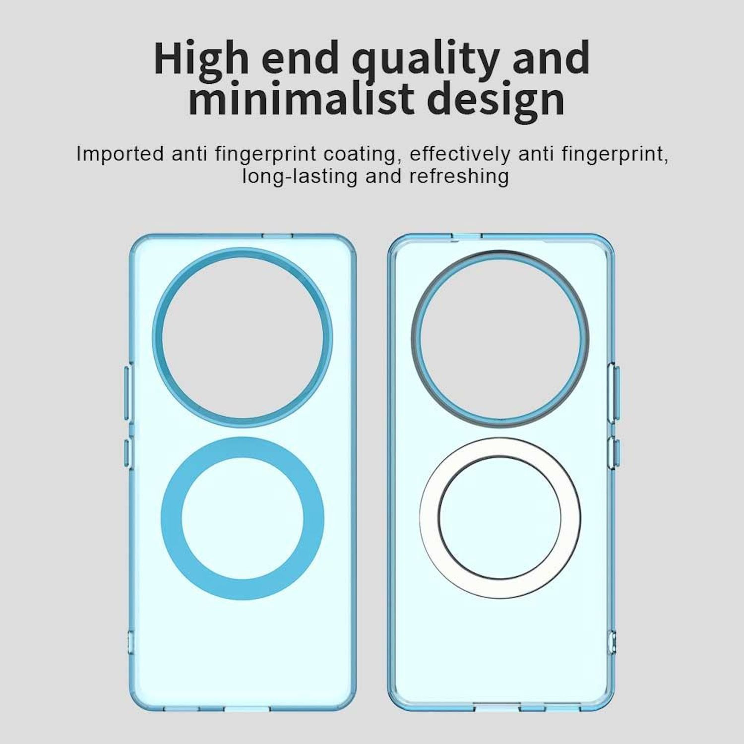 Dos fundas de teléfono azul claro con agujero para la cámara y círculo para el logotipo.