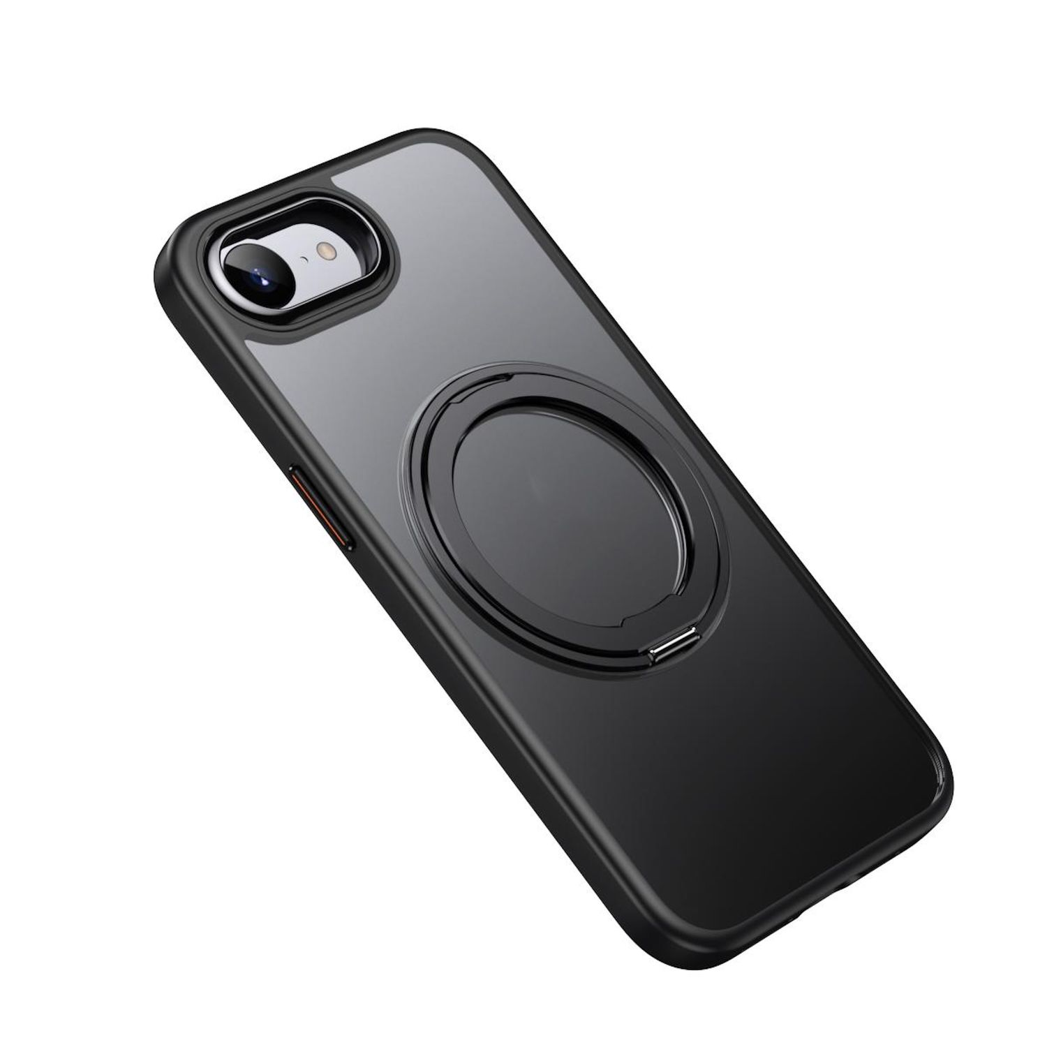 Schwarze Handyhülle mit Magnetring. Telefon in Hülle, klare Rückseite mit schwarzem Ring.