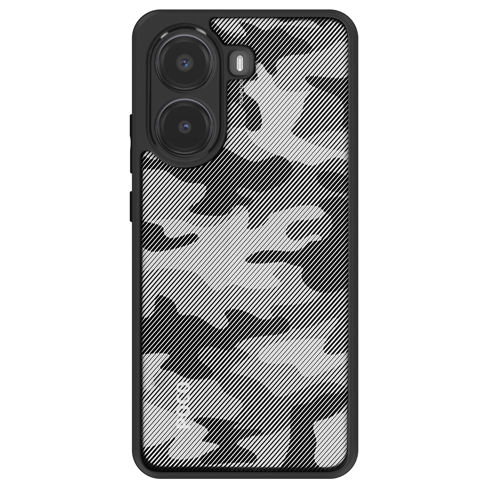 Una custodia per telefono con un motivo mimetico. La custodia ha un bordo nero con due ritagli per la fotocamera.