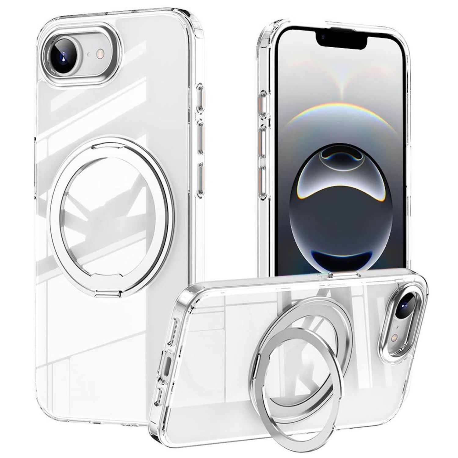 Funda transparente para teléfono con anillo. Tres vistas: frontal, lateral y trasera. Teléfono visible.