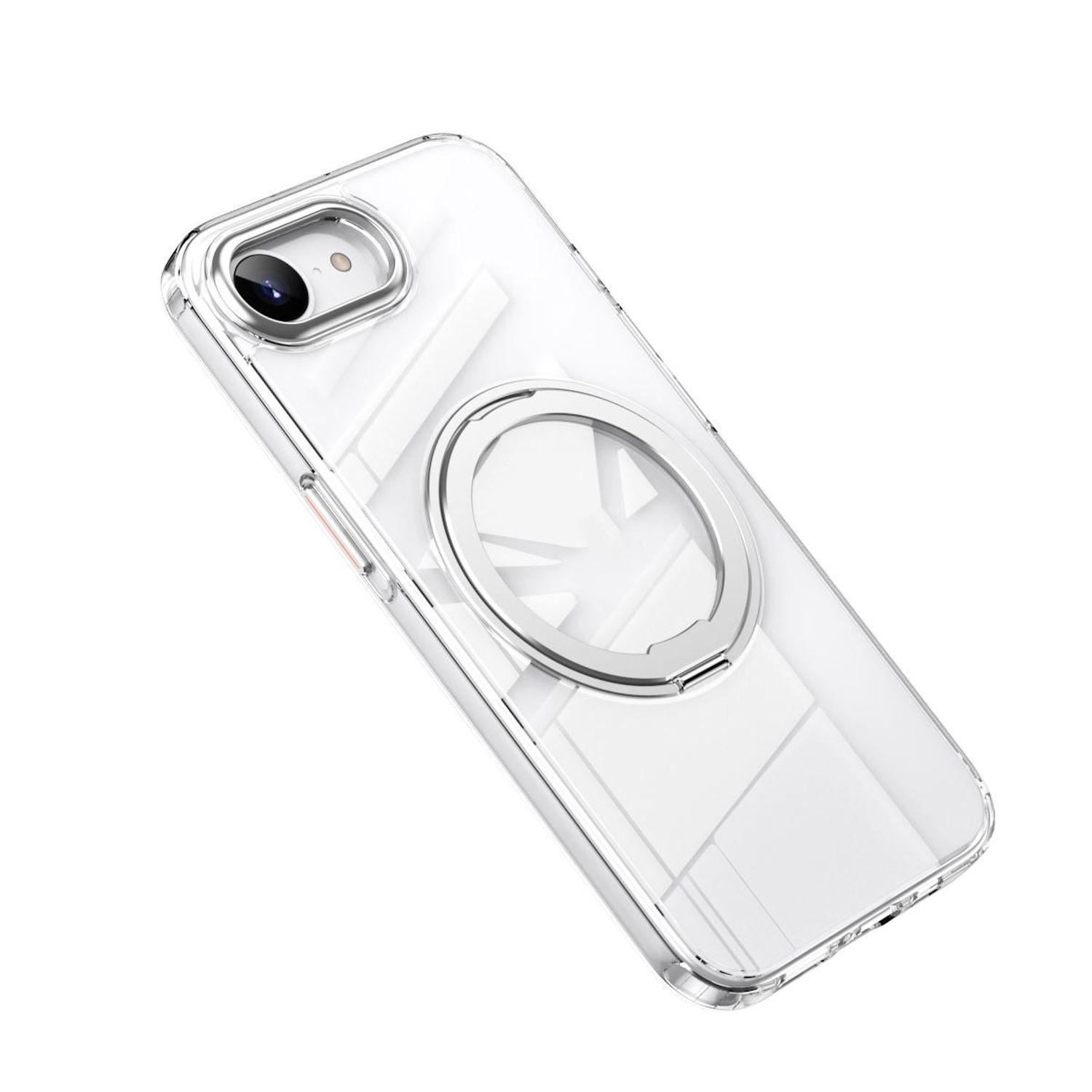 Una funda transparente para teléfono con un anillo plateado para teléfono se muestra en ángulo.