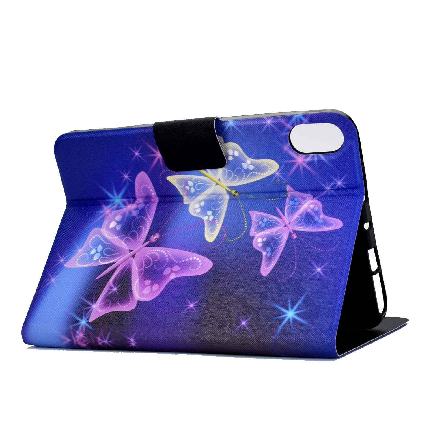 Funda para tableta con diseño de mariposas. Fondo azul, siluetas de mariposas y estrellas.