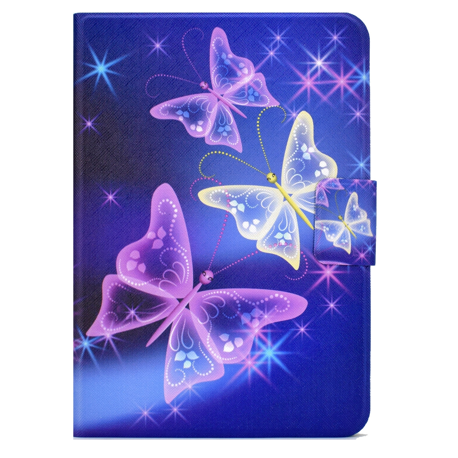 Una funda de tableta con mariposas. Las mariposas son moradas, rosas y amarillas. También hay estrellas en ella.