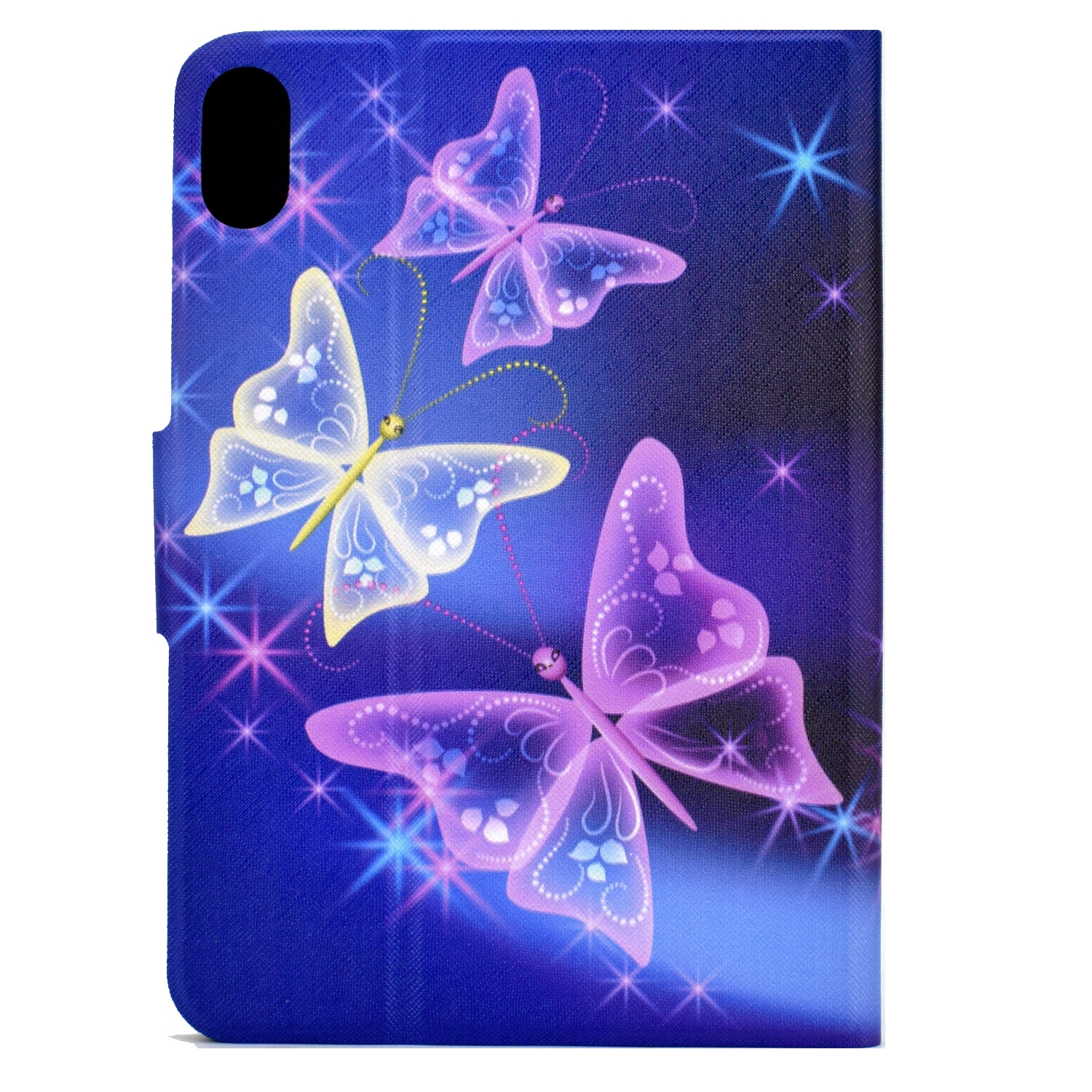 Funda para tableta con diseño de mariposas. Mariposas moradas y amarillas sobre fondo azul.