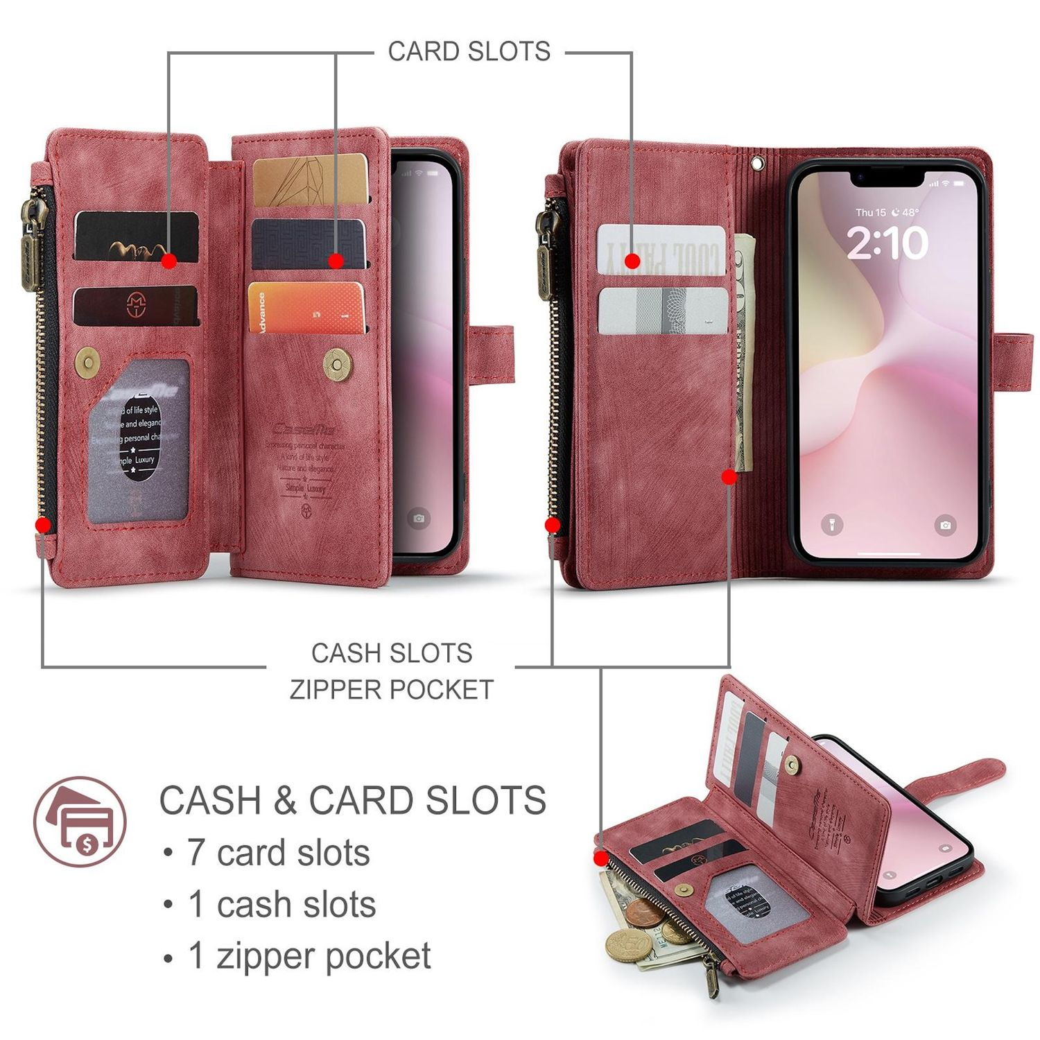 Rotes Leder-Handycase mit Kartenfächern, Reißverschlusstasche und Geldschlitz.