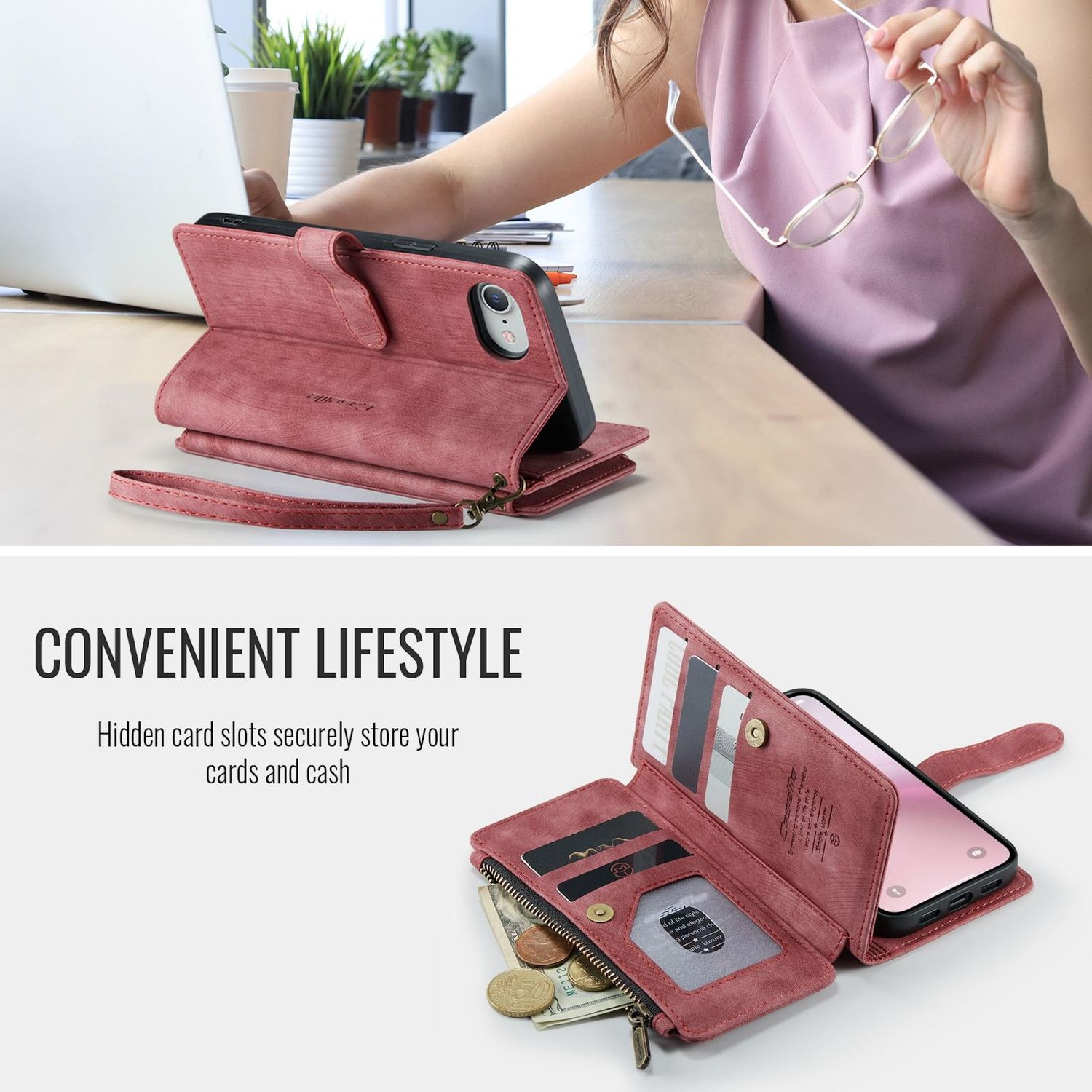 Eine Frau hält eine Brille und eine Brieftaschen-Handyhülle. Die Hülle ist geöffnet und zeigt Kartenfächer und Geld.