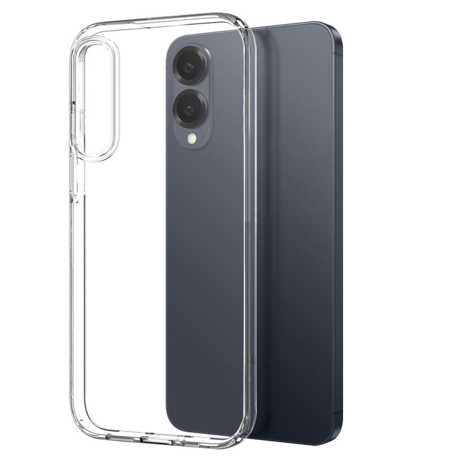 Transparente Handyhülle neben einem dunklen Telefon. Die Hülle hat einen Kameraausschnitt. Das Telefon ist grau mit zwei Kameralinsen.