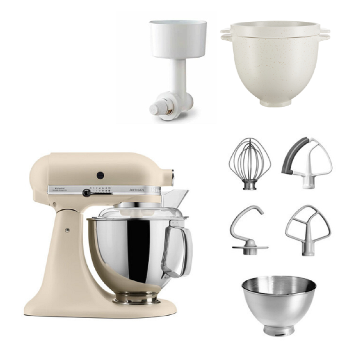 Beiger KitchenAid-Mixer mit Aufsätzen, darunter eine Mühle, eine Schüssel und verschiedene Rührbesen.