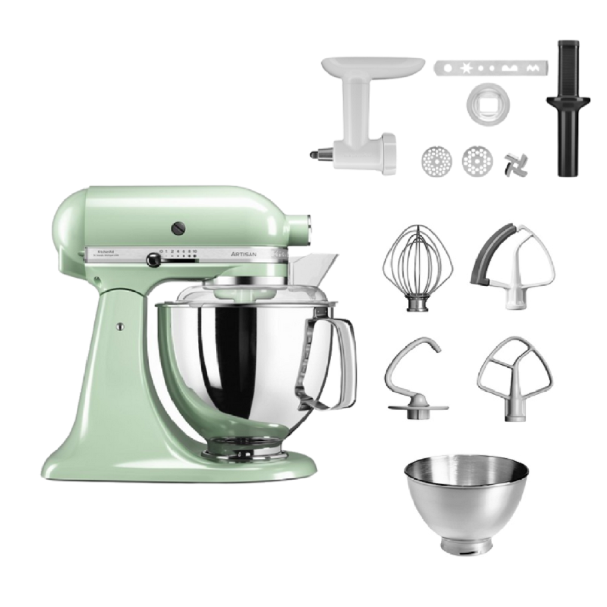 KitchenAid Küchenmaschine mit Aufsätzen. Mintgrün, mit Edelstahl-Schüssel und Zubehör.