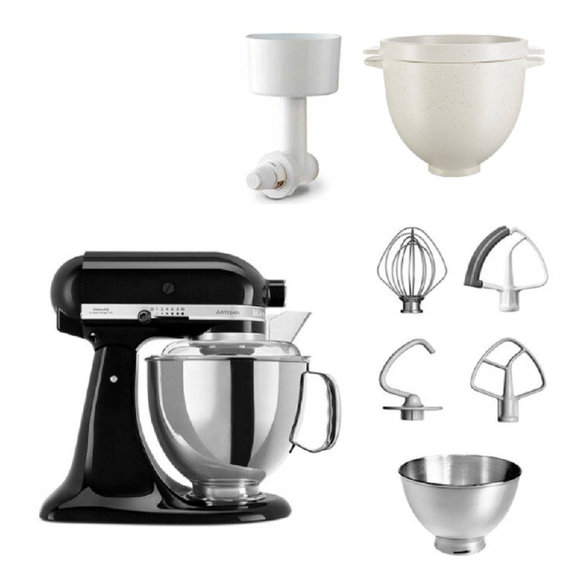 Schwarzer KitchenAid-Küchenmixer mit Aufsätzen und einer Edelstahlschüssel. Weißer Hintergrund.