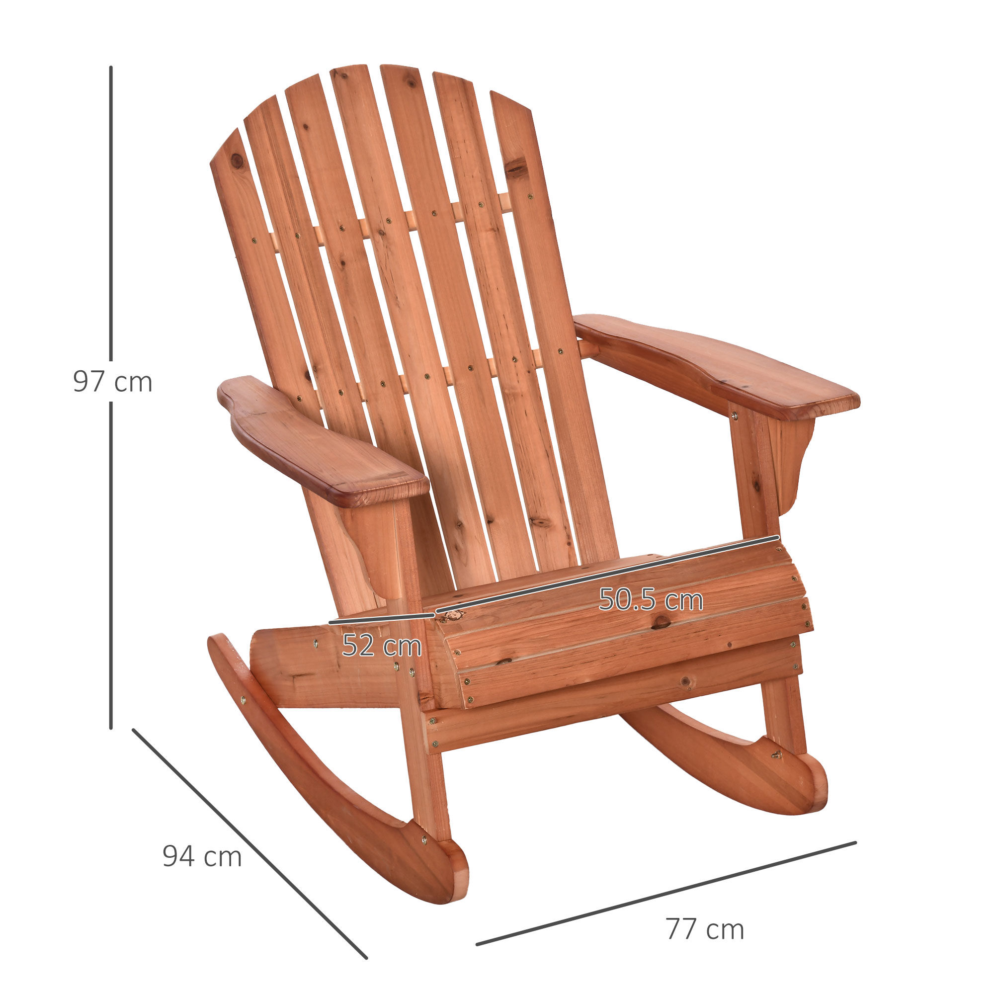 Sedia a dondolo Adirondack in legno con dimensioni. Ha schienale alto e braccioli larghi, su sfondo bianco.