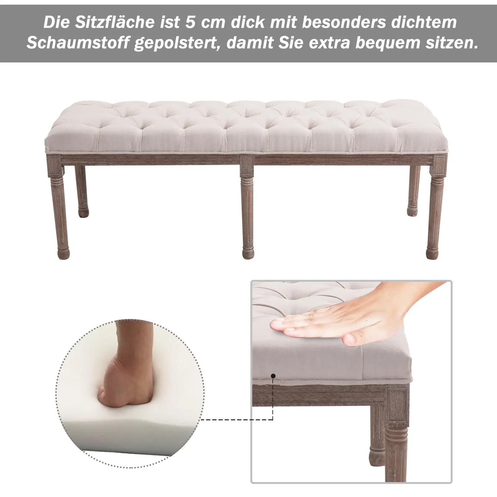 Eine beige gepolsterte Bank mit Holzbeinen, mit detailliertem Schaumstoffabschnitt.