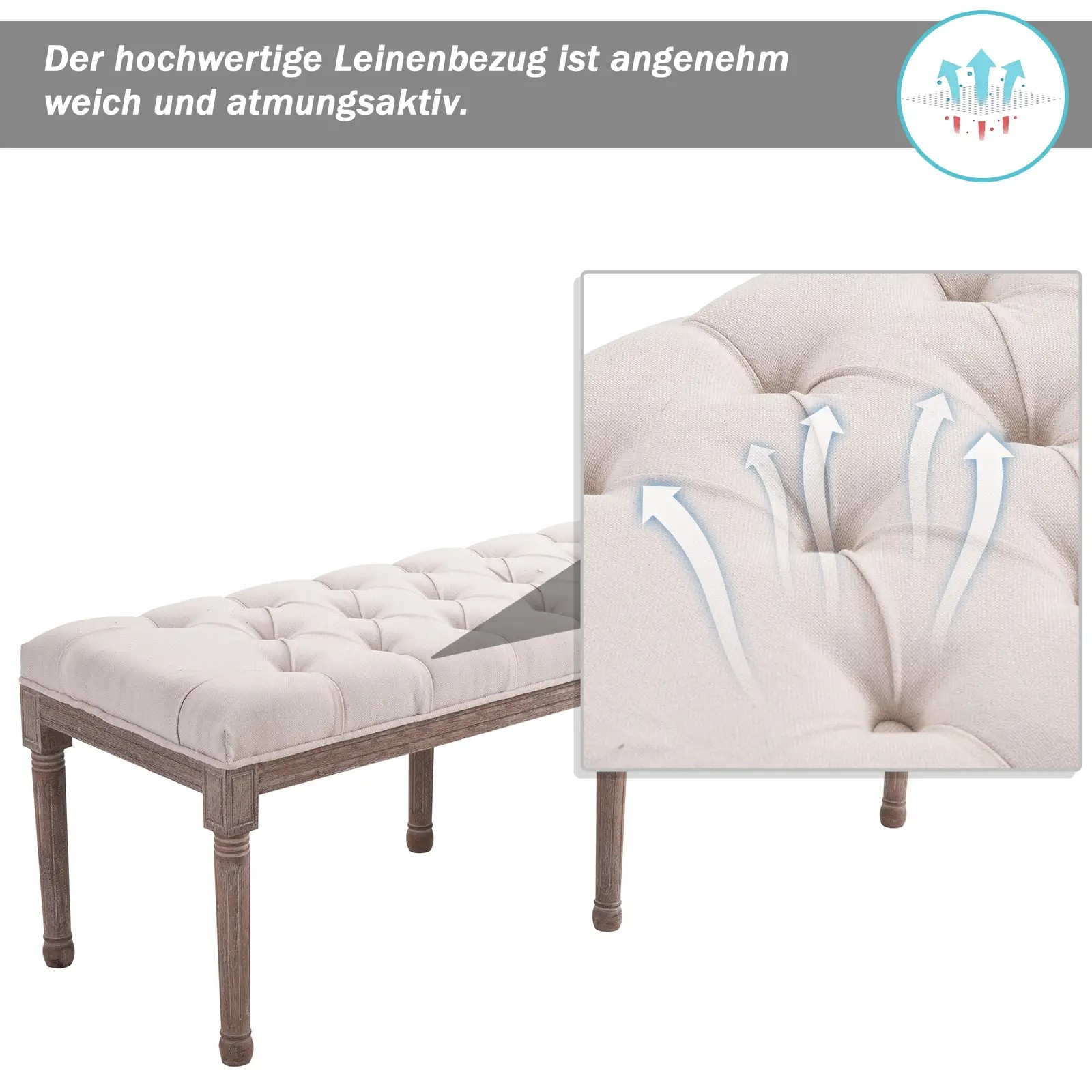 Beige Bank mit weißem Kissen und Holzbeinen. Text: Atmungsaktives Leinen.