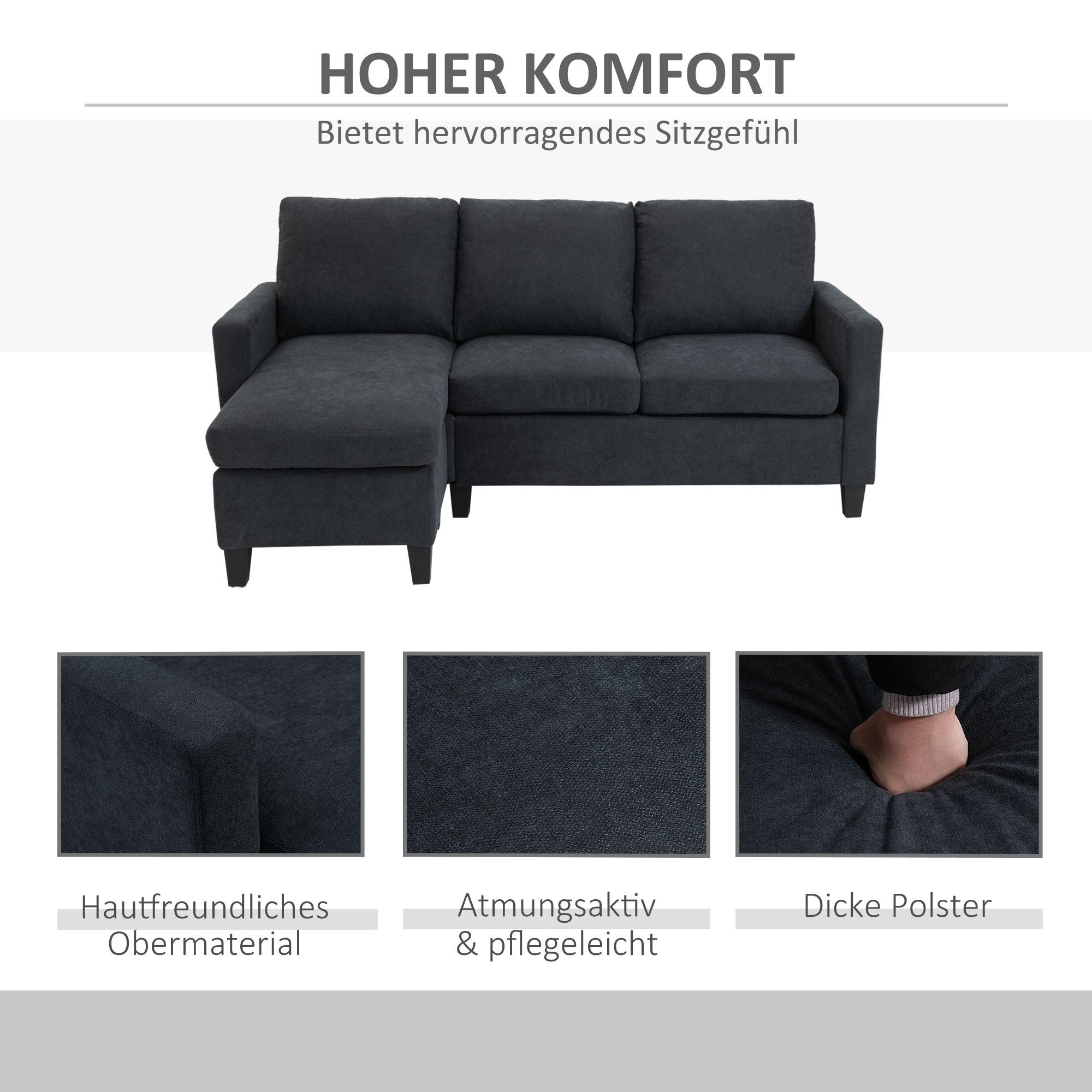Dunkelgraues Ecksofa, drei detaillierte Nahaufnahmen.
