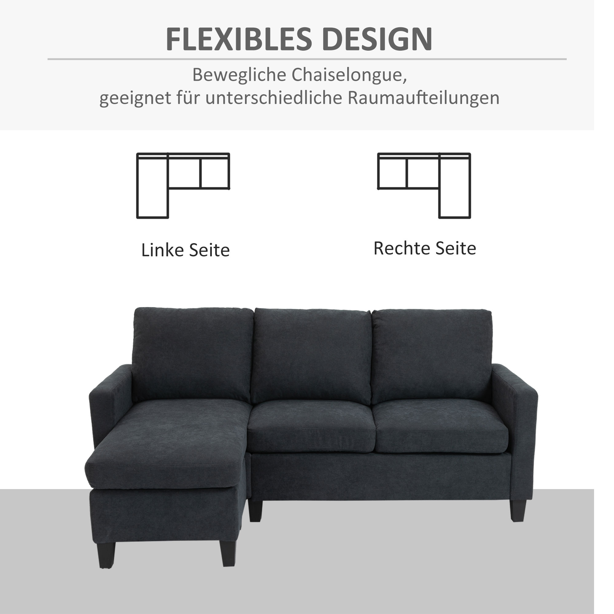 Dunkelgraues L-förmiges Sofa. Diagramme zeigen Links- und Rechtskonfigurationen.