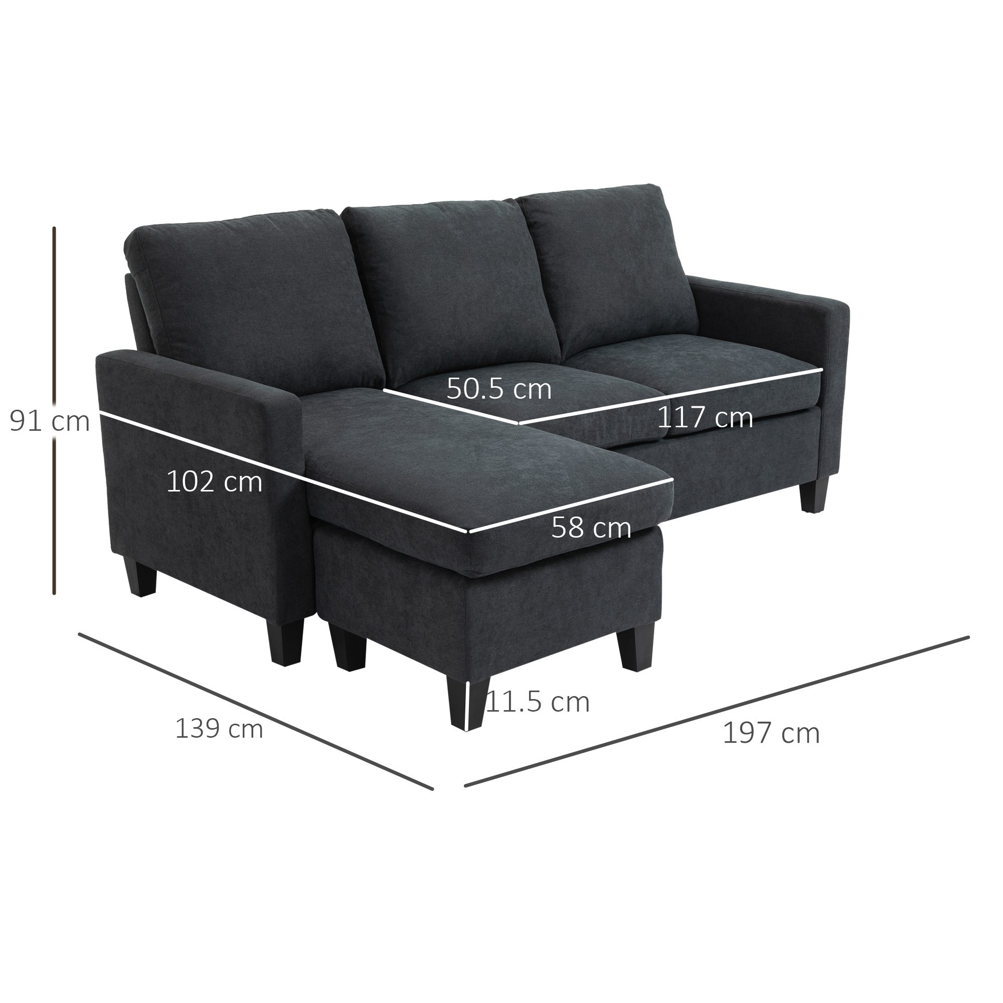 Ein graues Ecksofa auf weißem Hintergrund. Abmessungen sind in Zentimetern mit Maßen angegeben.