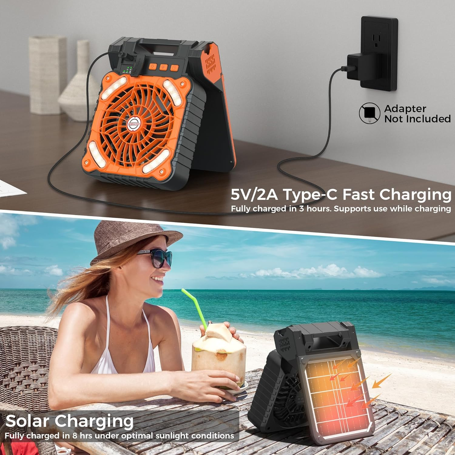 Zwei Bilder, orangefarbener Ventilator und Frau am Strand, Solar- und Schnellladebeschriftung.