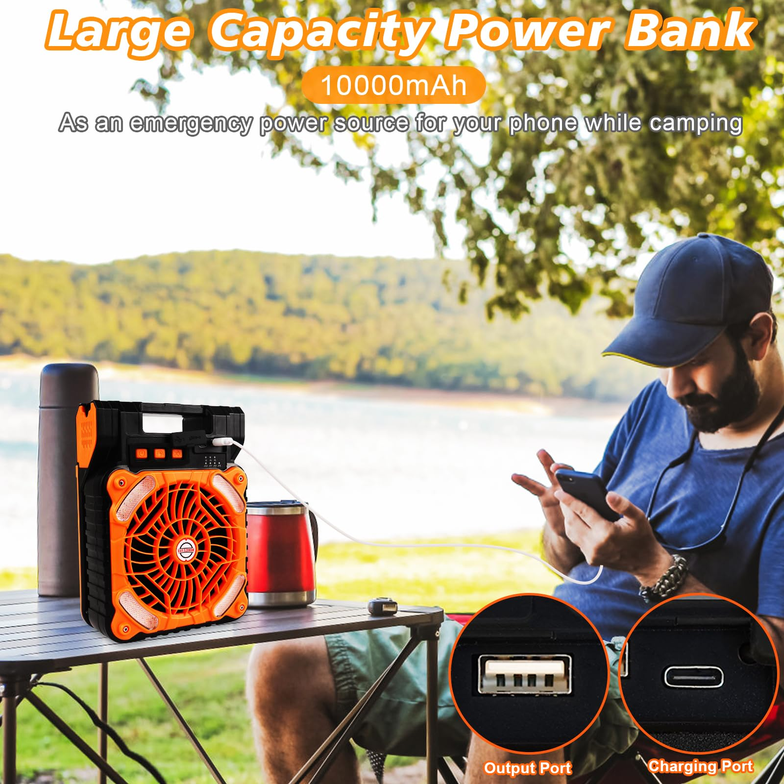 Tragbare Powerbank mit orangefarbenem Lüfter. Ein Mann benutzt sein Handy. USB- und Ladeanschlüsse.
