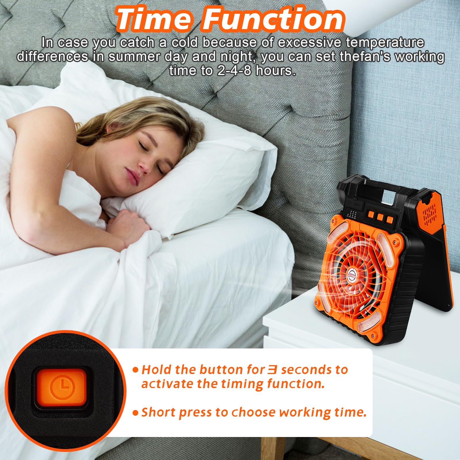 Frau schläft im Bett, orangefarbener Ventilator auf dem Nachttisch. Ventilator hat Zeiteinstellungen und ein Display.