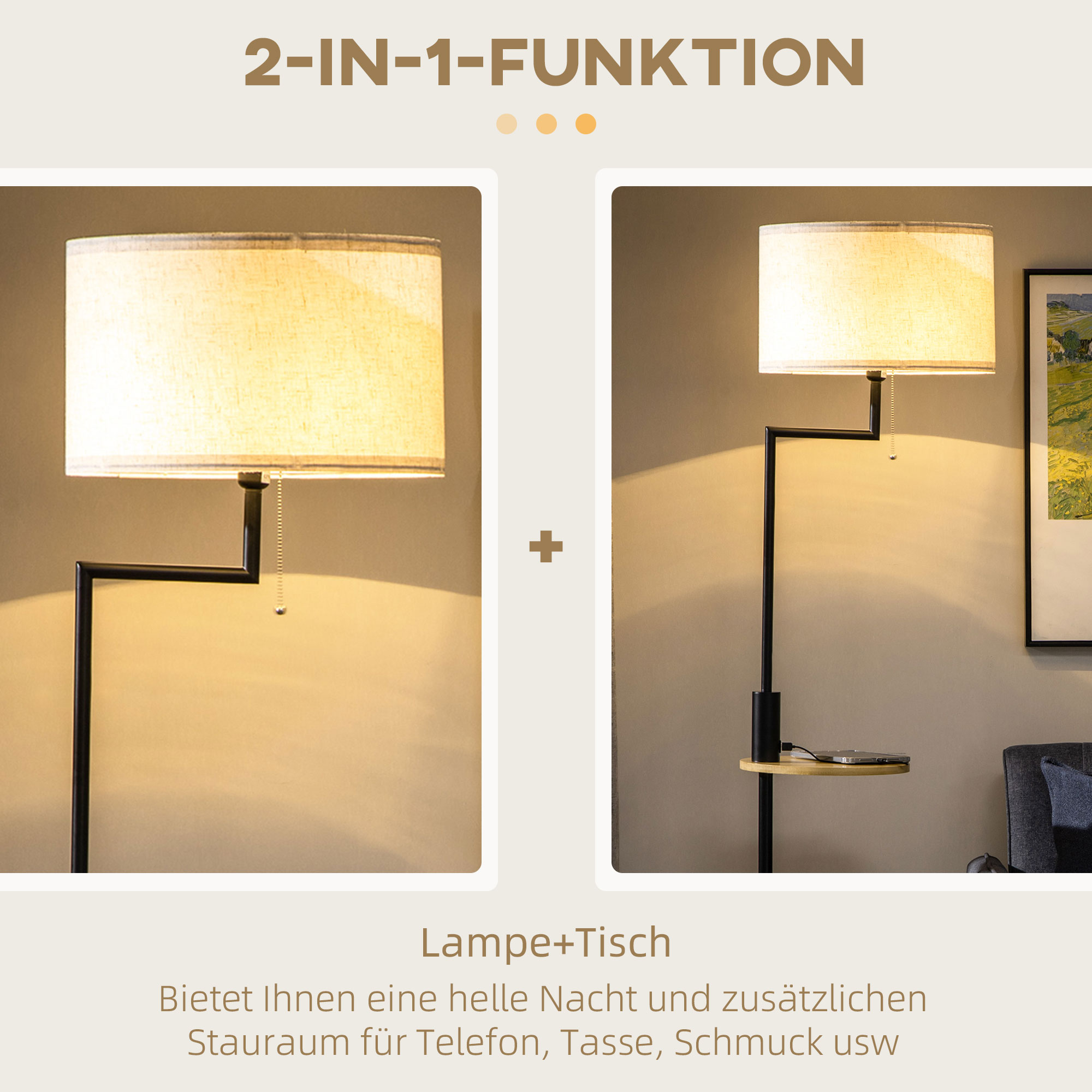 Eine Zwei-in-Eins-Kombination aus Lampe und Tisch, mit einem beleuchteten Lampenschirm und einem Regal.