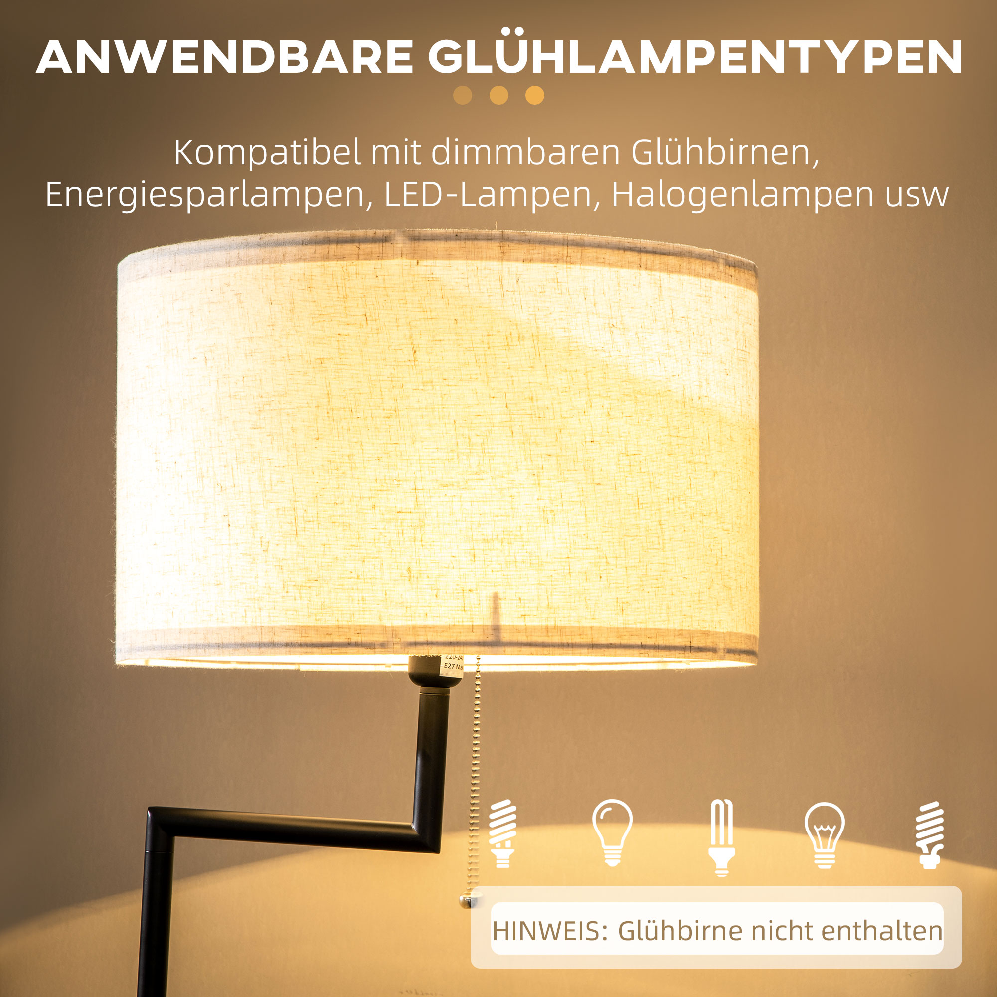 Eine Lampe mit cremefarbenem Lampenschirm und verschiedenen Glühlampen. Text zeigt Glühlampenarten.