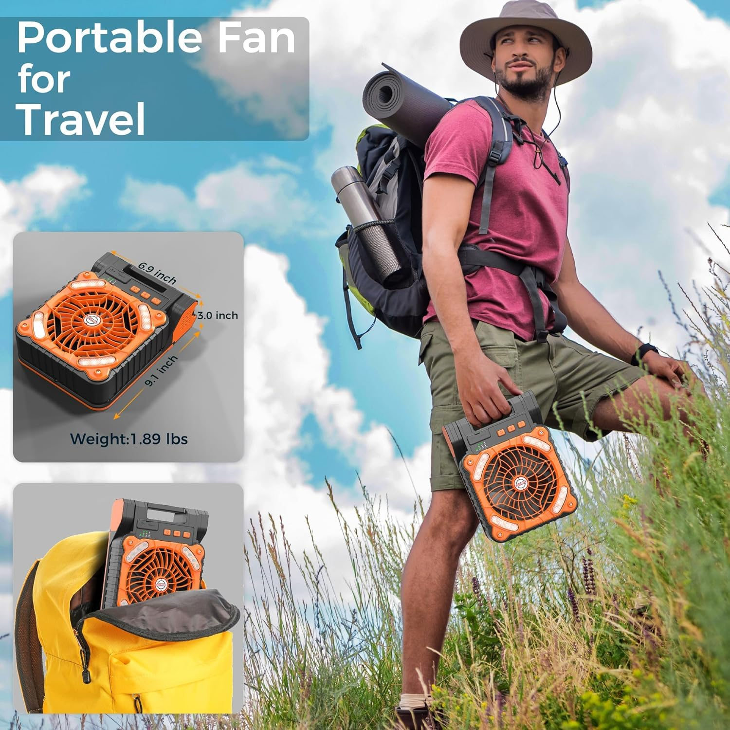 Ein Mann mit Rucksack hält einen orangefarbenen tragbaren Ventilator. Ein kleineres Bild zeigt einen ähnlichen.