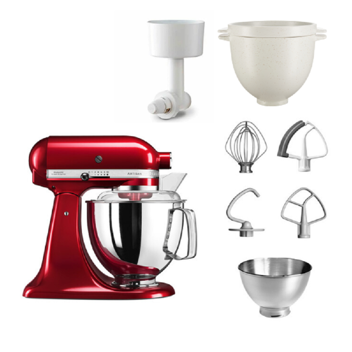 Roter KitchenAid-Küchenmixer mit Aufsätzen, darunter ein Schneebesen, Knethaken, Flachrührer und eine Schüssel.
