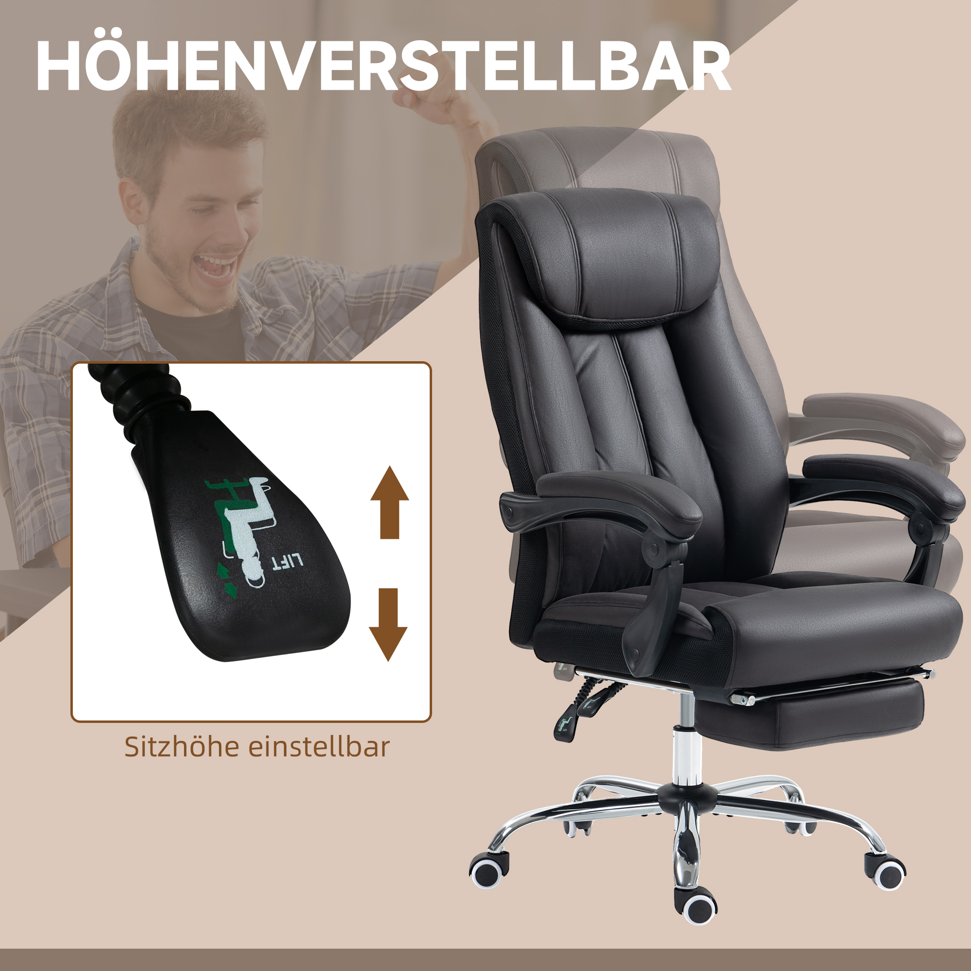Schwarzer Bürostuhl mit Mann, der auf Höhenverstellhebel zeigt. Text: Höhenverstellbar.