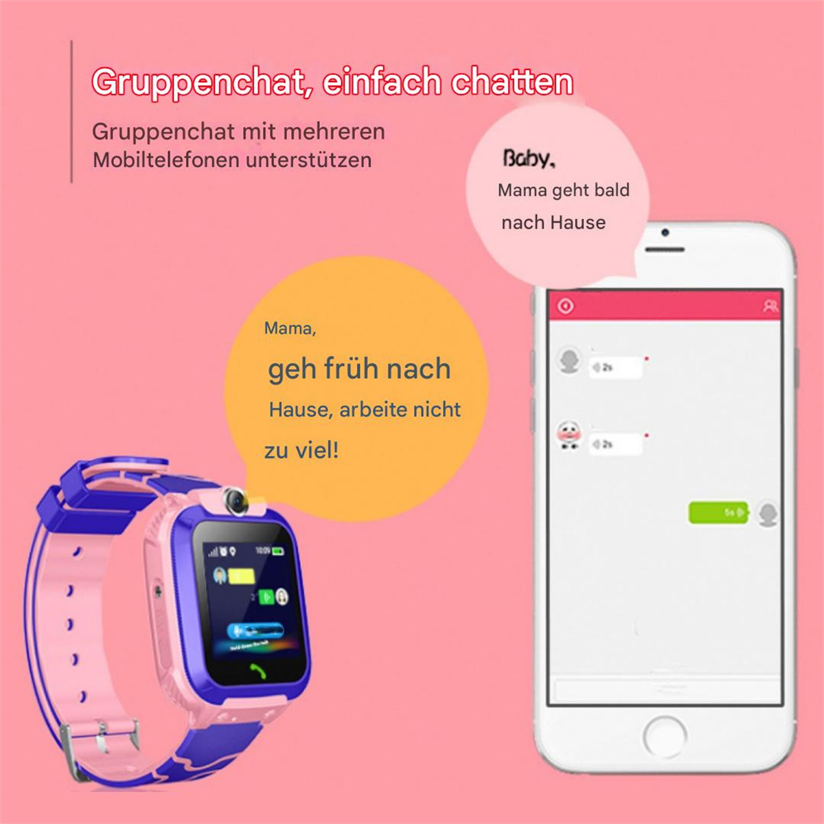 Smartwatch mit Chat-Oberfläche. Textblasen zeigen Nachrichten. Rosa Hintergrund. Text: 'Gruppenchat, einfacher Chat'.